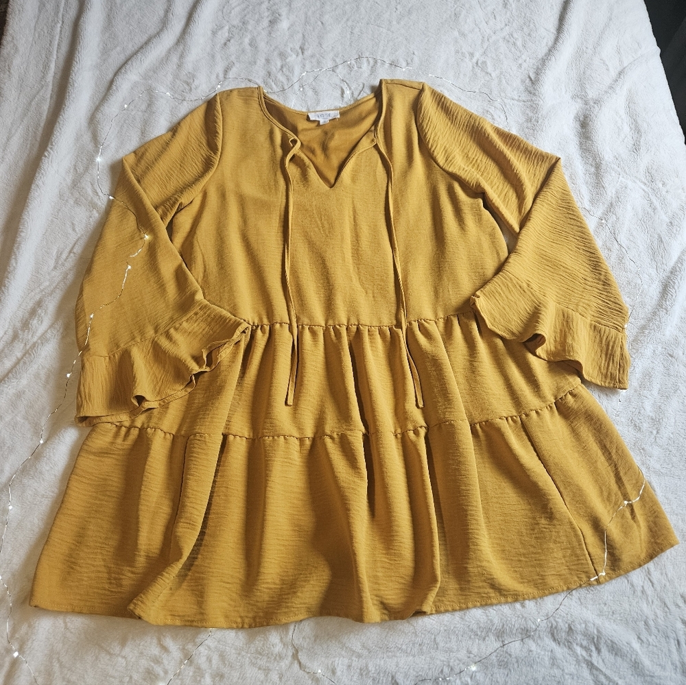 2/$15 Mustard Tiered Long Sleeve V-Neck Mini Dress - Bohemian - Picture 4 of 5